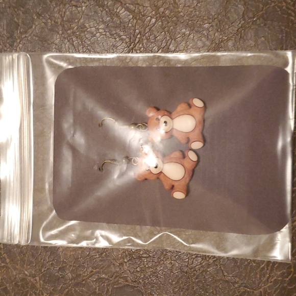 THANDMADE EARRINGS HANDCRAFTED DESIGNED TEDDY BEARS BROWN AND CREAM - Picture 3 of 3